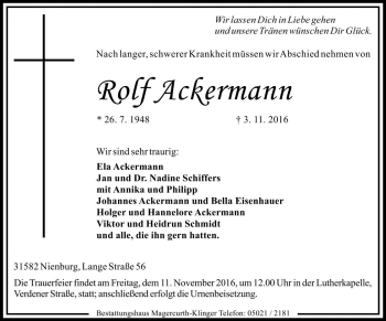 Traueranzeige von Rolf Ackermann von Die Harke