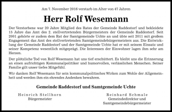 Traueranzeige von Rolf Wesemann von Die Harke
