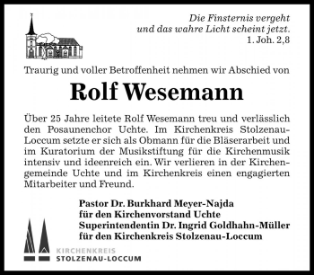 Traueranzeige von Rolf Wesemann von Die Harke