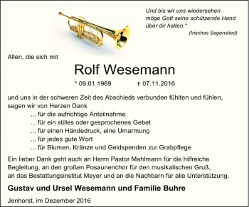Traueranzeige von Rolf Wesemann von Die Harke