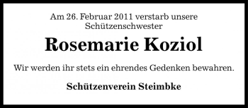 Traueranzeige von Rosemarie Koziol von Die Harke