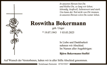 Traueranzeige von Roswitha Bokermann von Die Harke