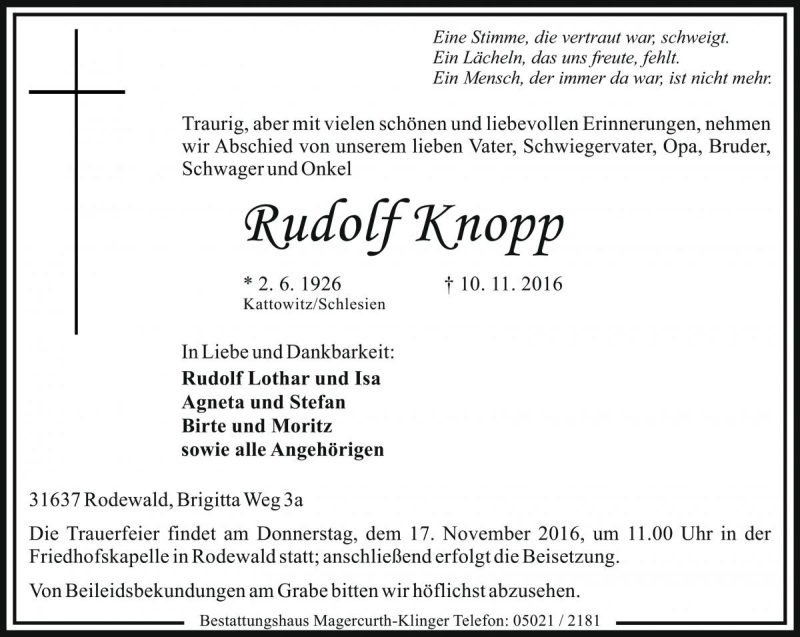  Traueranzeige für Rudolf Knopp vom 14.11.2016 aus Die Harke