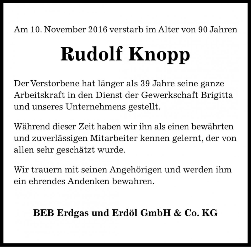  Traueranzeige für Rudolf Knopp vom 26.11.2016 aus Die Harke
