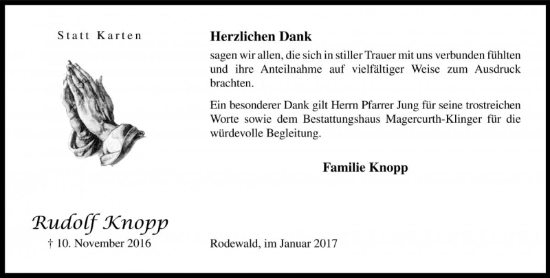  Traueranzeige für Rudolf Knopp vom 11.01.2017 aus Die Harke