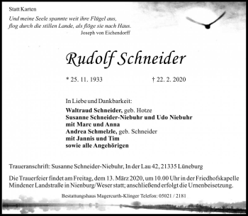 Traueranzeige von Rudolf Schneider von Die Harke