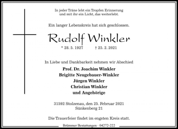 Traueranzeige von Rudolf Winkler von Die Harke