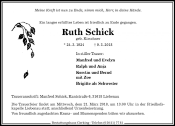 Traueranzeige von Ruth Schick von Die Harke