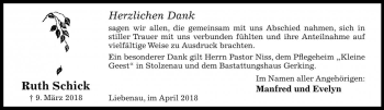 Traueranzeige von Ruth Schick von Die Harke