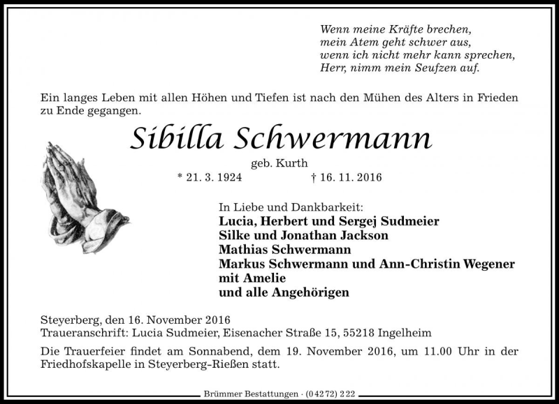  Traueranzeige für Sibilla Schwermann vom 17.11.2016 aus Die Harke