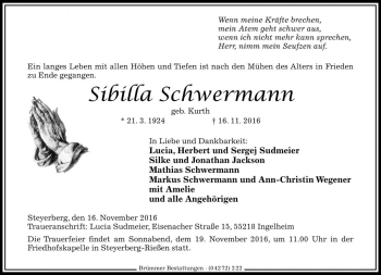 Traueranzeige von Sibilla Schwermann von Die Harke
