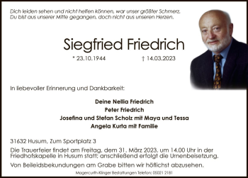 Traueranzeige von Siegfried Friedrich von Die Harke