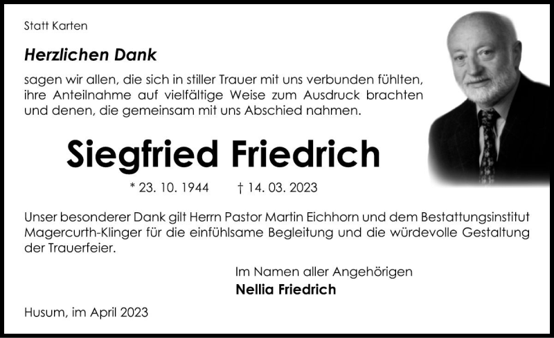  Traueranzeige für Siegfried Friedrich vom 22.04.2023 aus Die Harke