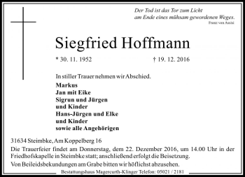 Traueranzeige von Siegfried Hoffmann von Die Harke