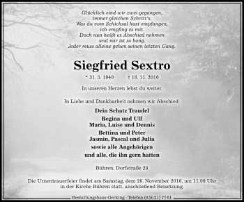 Traueranzeige von Siegfried Sextro von Die Harke