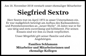 Traueranzeige von Siegfried Sextro von Die Harke