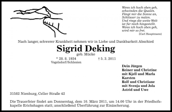 Traueranzeige von Sigrid Deking von Die Harke