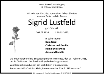 Traueranzeige von Sigrid Lustfeld von Die Harke
