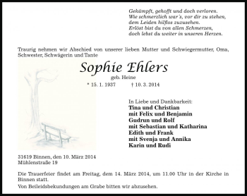 Traueranzeige von Sophie Ehlers von Die Harke