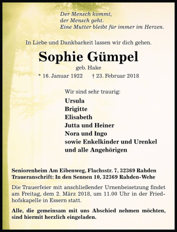 Traueranzeige von Sophie Gümpel von Die Harke
