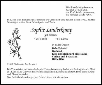 Traueranzeige von Sophie Linderkamp von Die Harke