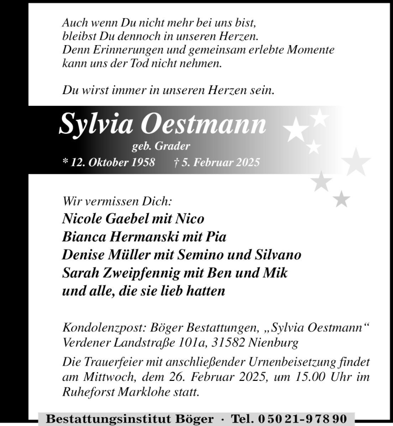  Traueranzeige für Sylvia Oestmann vom 15.02.2025 aus Die Harke