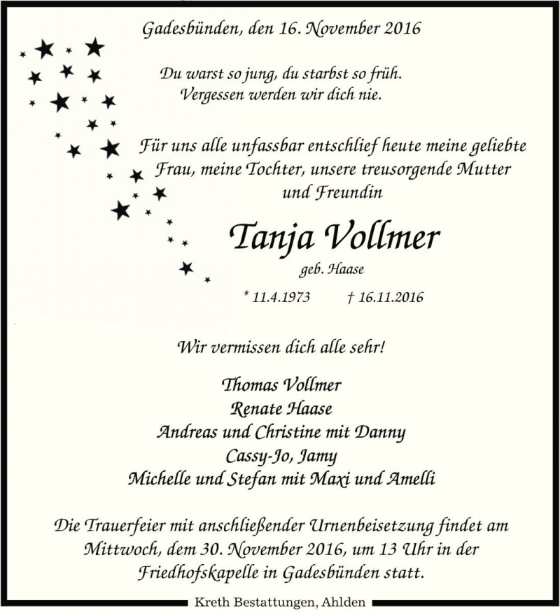  Traueranzeige für Tanja Vollmer vom 23.11.2016 aus Die Harke