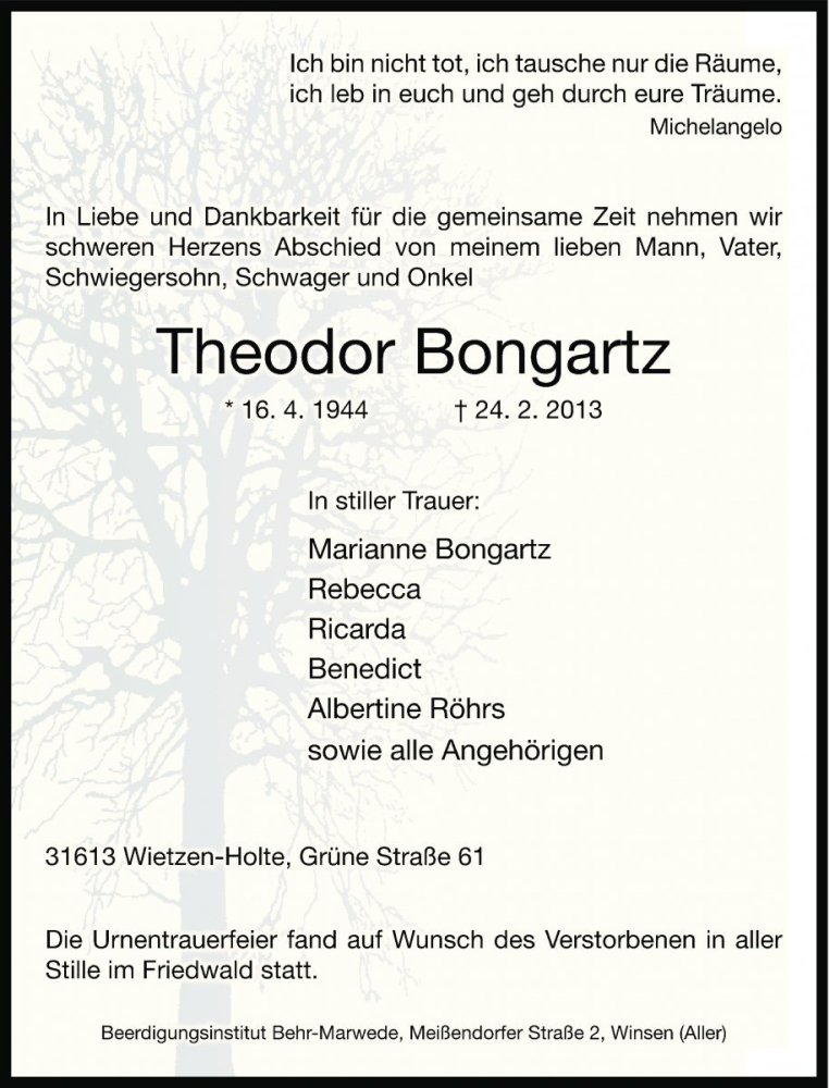  Traueranzeige für Theodor Bongartz vom 07.03.2013 aus Die Harke