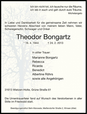 Traueranzeige von Theodor Bongartz von Die Harke