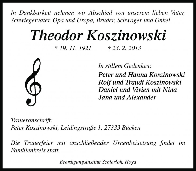  Traueranzeige für Theodor Koszinowski vom 06.03.2013 aus Die Harke