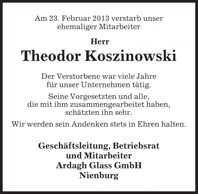  Traueranzeige für Theodor Koszinowski vom 08.03.2013 aus Die Harke