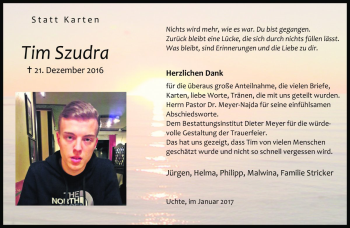 Traueranzeige von Tim Szudra von Die Harke