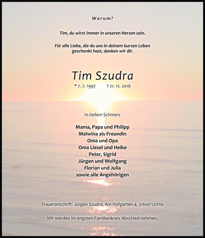  Traueranzeige für Tim Szudra vom 24.12.2016 aus Die Harke