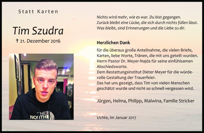  Traueranzeige für Tim Szudra vom 21.01.2017 aus Die Harke