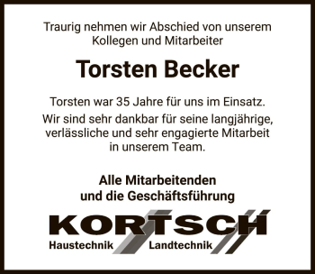 Traueranzeige von Torsten Becker von Die Harke