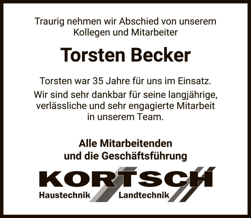  Traueranzeige für Torsten Becker vom 26.02.2025 aus Die Harke
