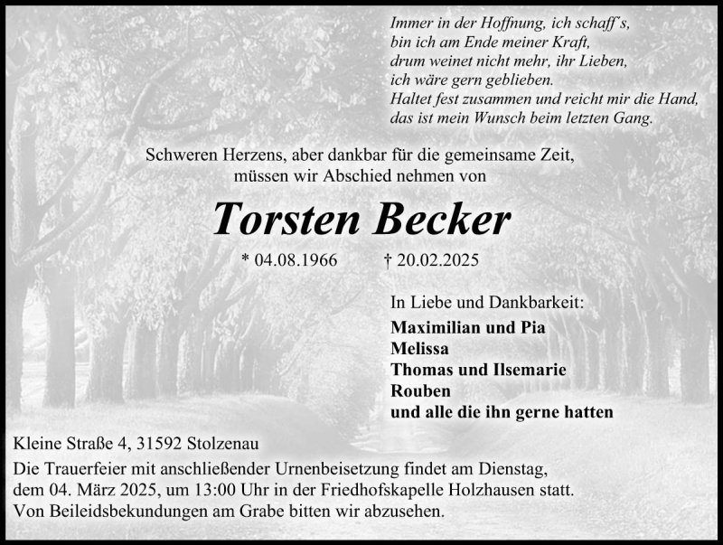  Traueranzeige für Torsten Becker vom 25.02.2025 aus Die Harke
