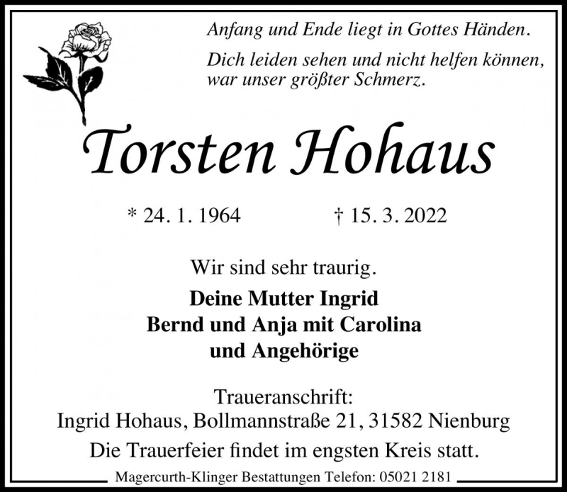  Traueranzeige für Torsten Hohaus vom 17.03.2022 aus Die Harke