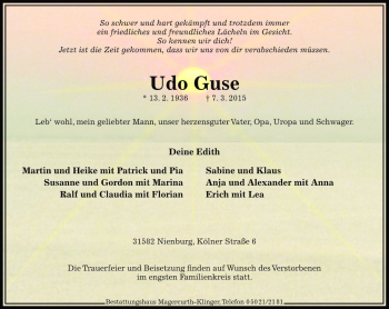 Traueranzeige von Udo Guse von Die Harke