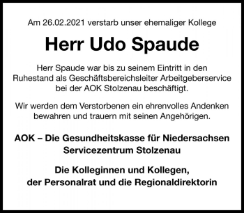 Traueranzeige von Udo Spaude von Die Harke