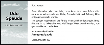 Traueranzeige von Udo Spaude von Die Harke