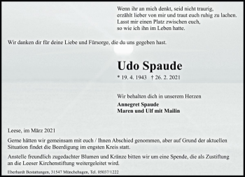 Traueranzeige von Udo Spaude von Die Harke