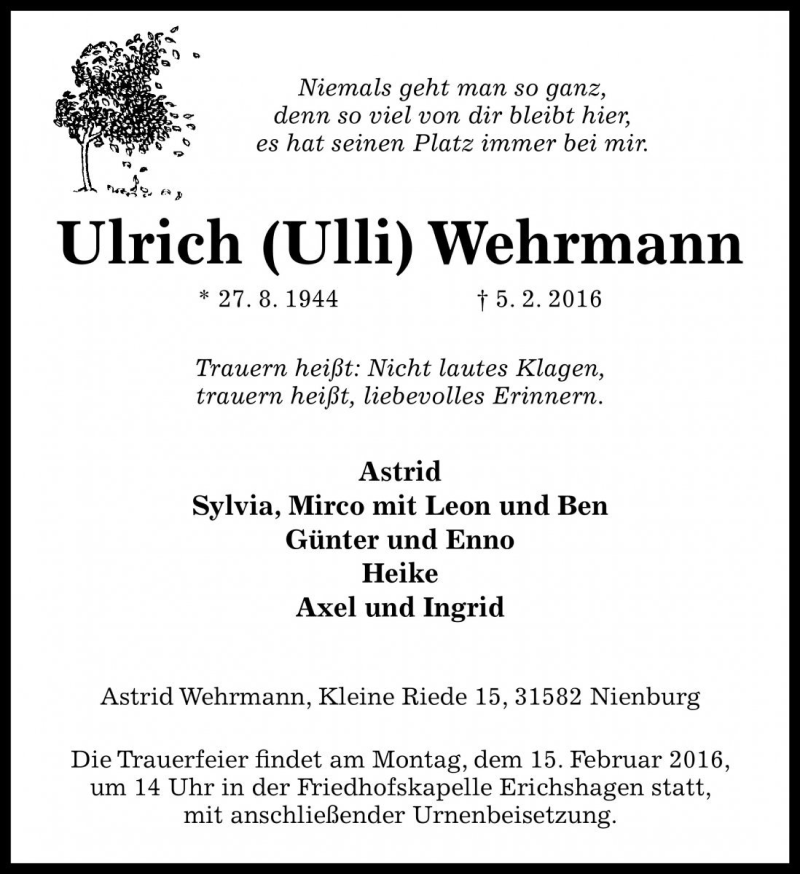  Traueranzeige für Ulrich Wehrmann vom 13.02.2016 aus Die Harke
