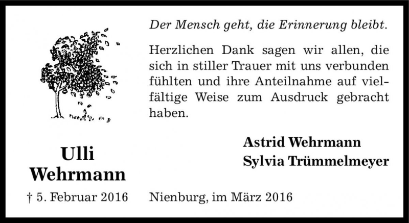  Traueranzeige für Ulrich Wehrmann vom 26.03.2016 aus Die Harke