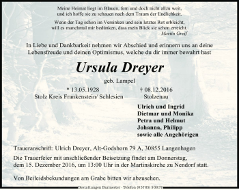 Traueranzeige von Ursula Dreyer von Die Harke