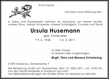 Traueranzeige von Ursula Husemann von Die Harke