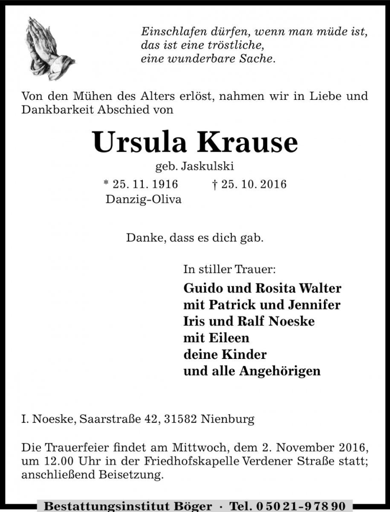  Traueranzeige für Ursula Krause vom 29.10.2016 aus Die Harke