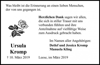 Traueranzeige von Ursula Kromp von Die Harke