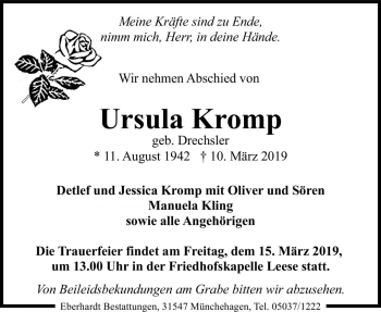 Traueranzeige von Ursula Kromp von Die Harke