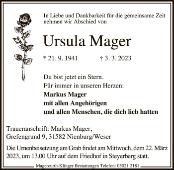 Traueranzeige von Ursula Mager von Die Harke